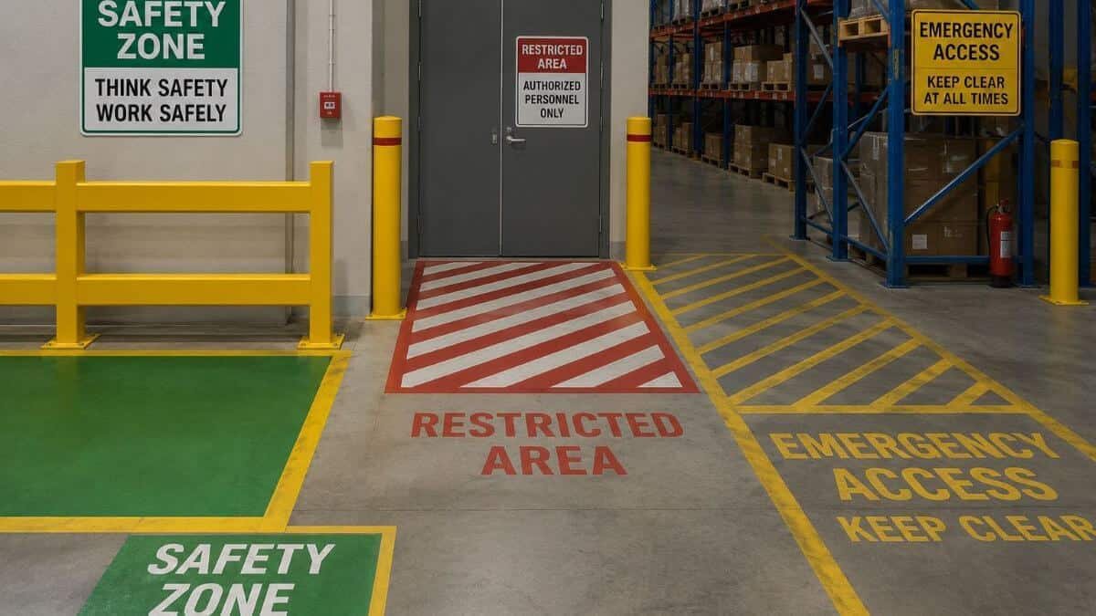 Safety zone layout markings for commercial facility traffic flow