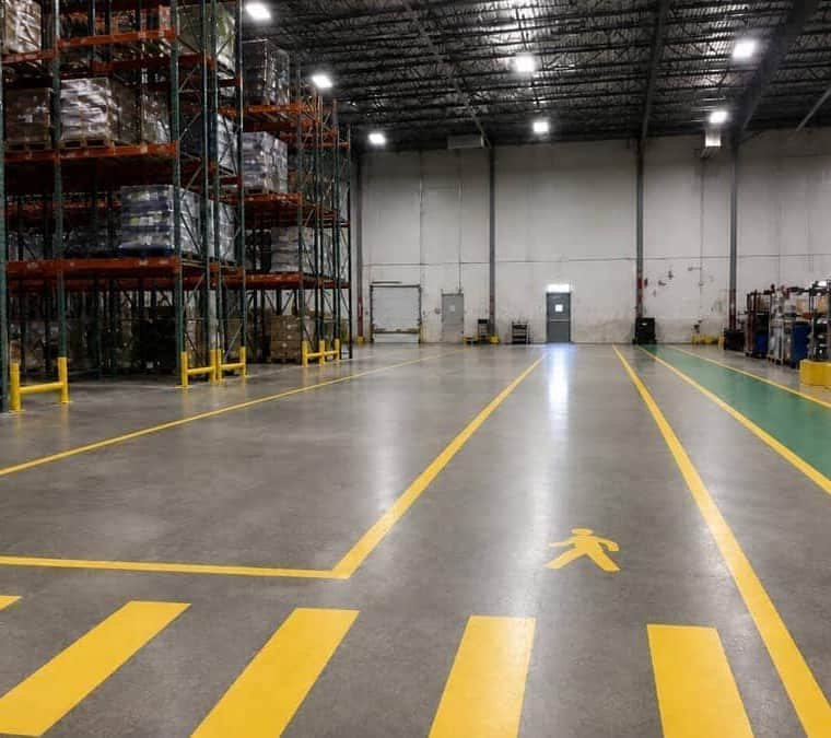 Finished warehouse floor markings with clean traffic and safety lines
